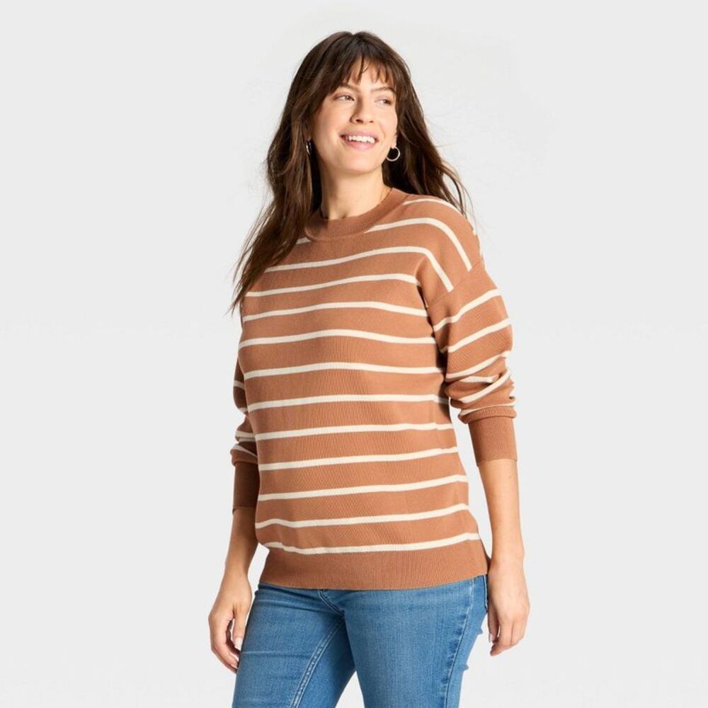 Crewneck Essential Maternity Pullover Sweater - Tan/Cream Striped XS